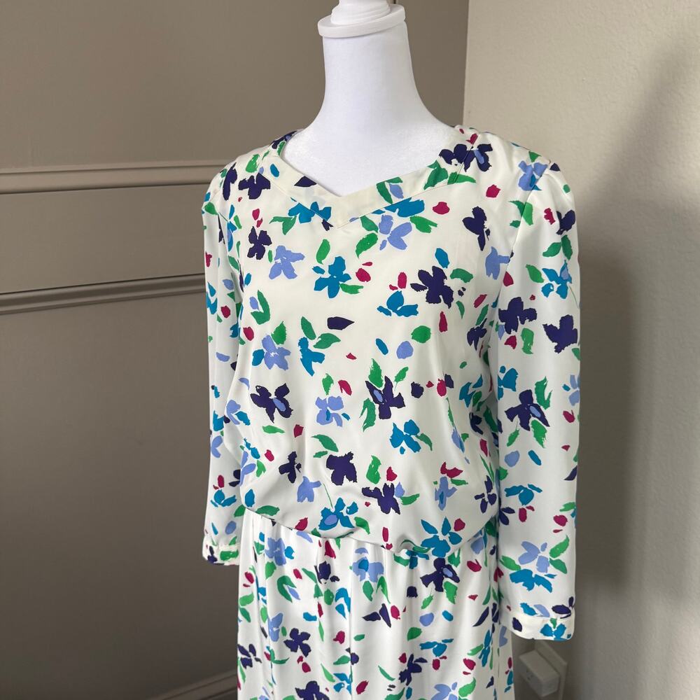 Vintage Maggy Boutique Floral Blouson Midi Dress Size 10 White Multicolor - Picture 2 of 11